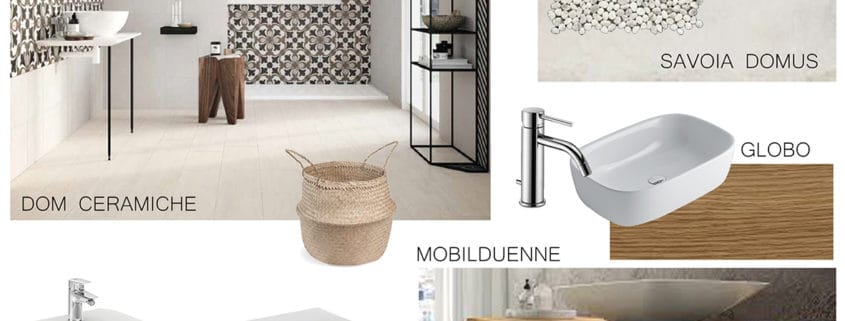 Moodboard di progetto che definisce la ricerca di materiali per un bagno in stile boho chic